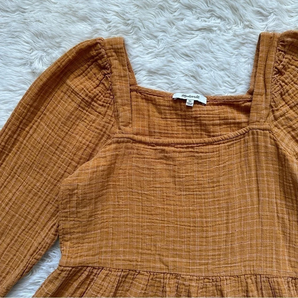Madewell Blouse Lightspun Millbrook Puff-Sleeve Peplum Top in Windowpane XS